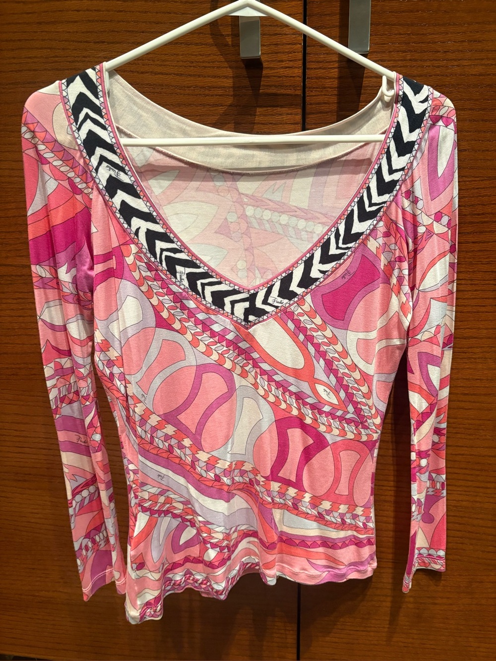 Emilio Pucci Pink, White & Black Patterned V-Neck Long Sleeve Top